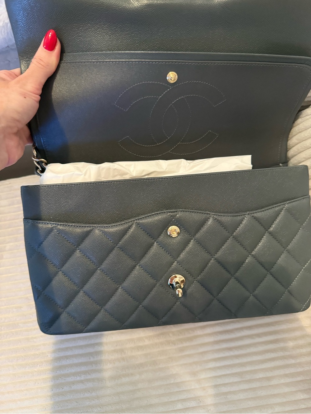 Chanel Classic Quilted Flap Bag in Dark Gray with Gold Hardware jumbo size - Picture 7 of 13